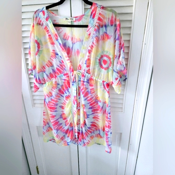 Miken Swim Tie Dye Lace Trim Tie Front Coverup Kimono - Picture 4 of 12